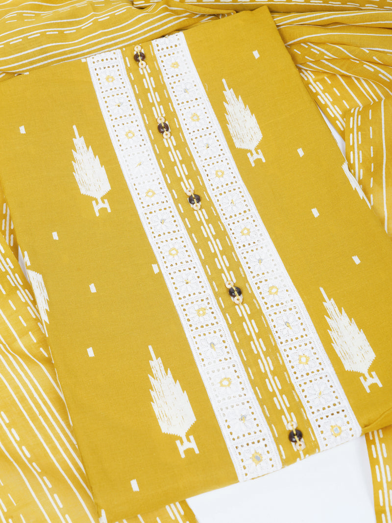 Unstitched Yellow screen printed suit set with printed bottom and printed dupatta.