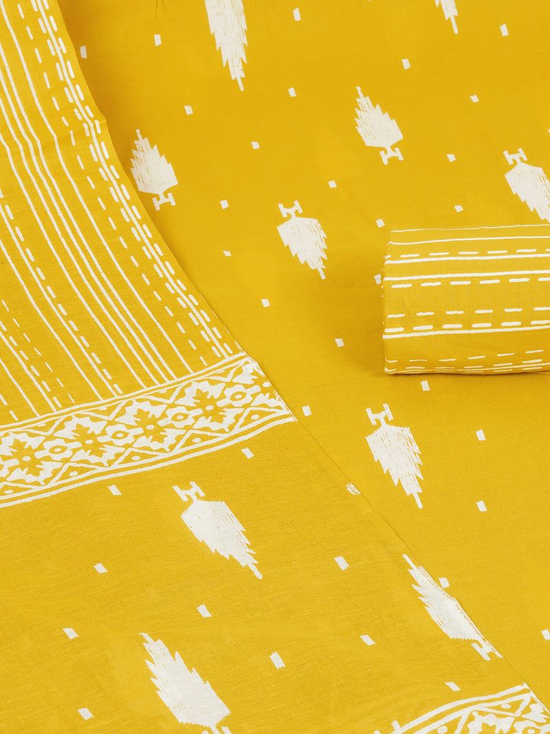 Unstitched Yellow screen printed suit set with printed bottom and printed dupatta.