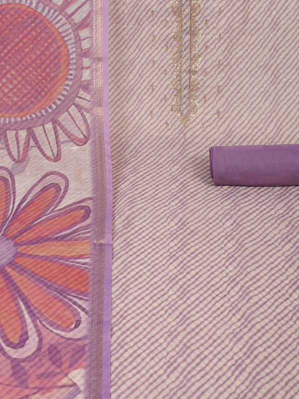 Unstitched suit set with printed dupatta and embroidery around the yoke.