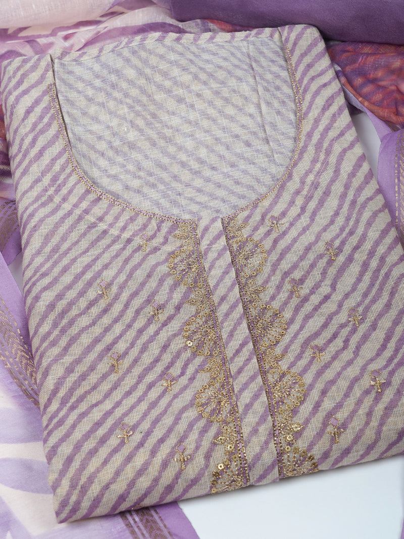 Unstitched suit set with printed dupatta and embroidery around the yoke.