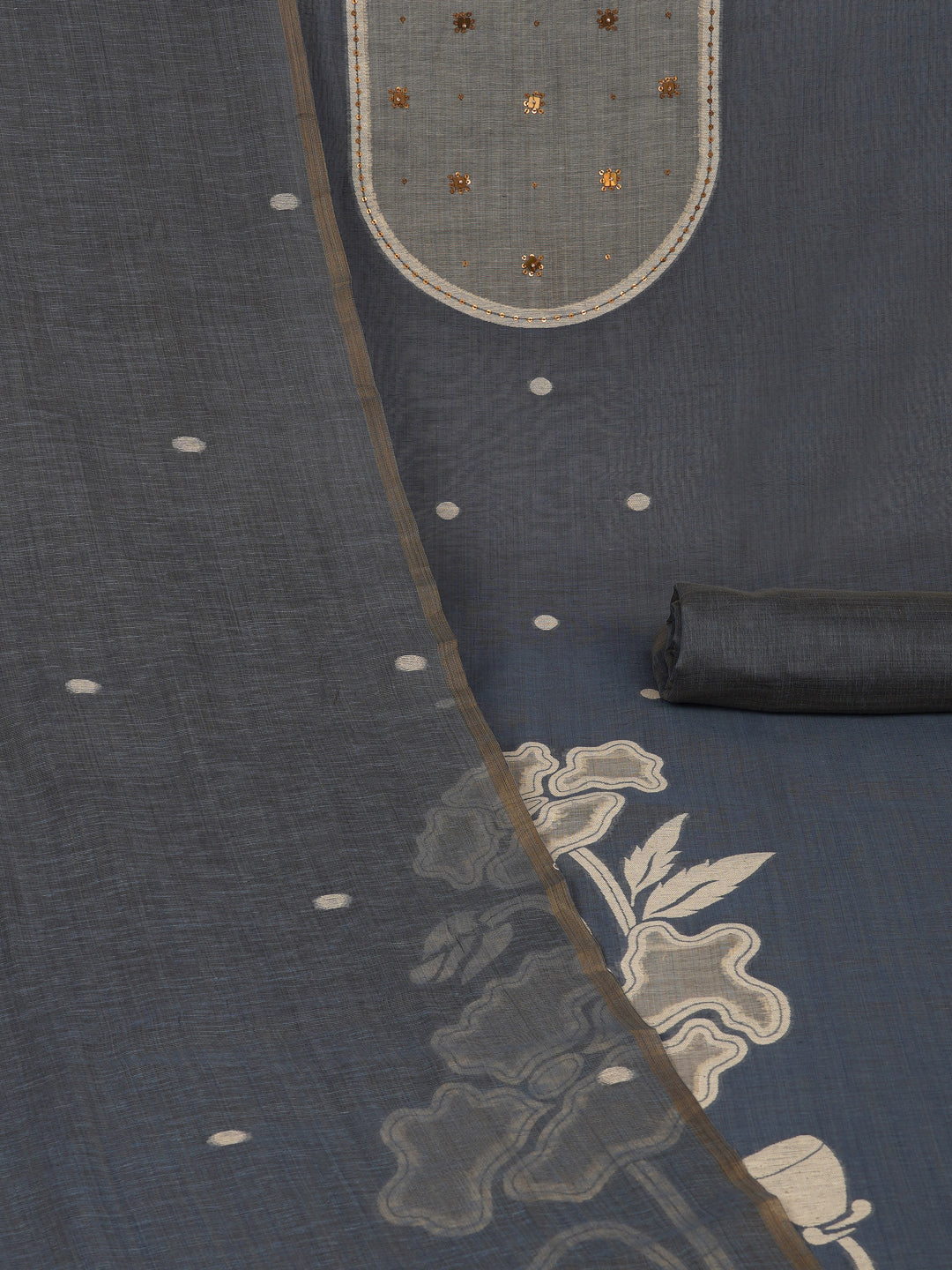 TASYA - Unstitched suit set with floral woven dupatta and woven yoke with delicate tikka work