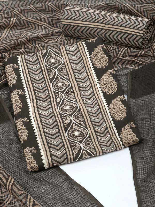 Black cotton printed unstitched suit set with a mix match yoke with printed bottom dupatta.