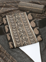 Black cotton printed unstitched suit set with a mix match yoke with printed bottom dupatta