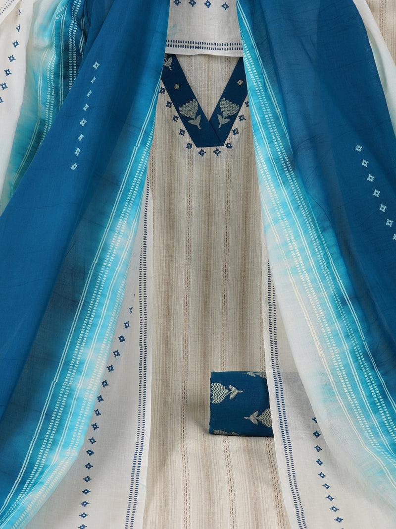 Cotton Flex stripe Unstitched suit set with printed bottom and dupatta.