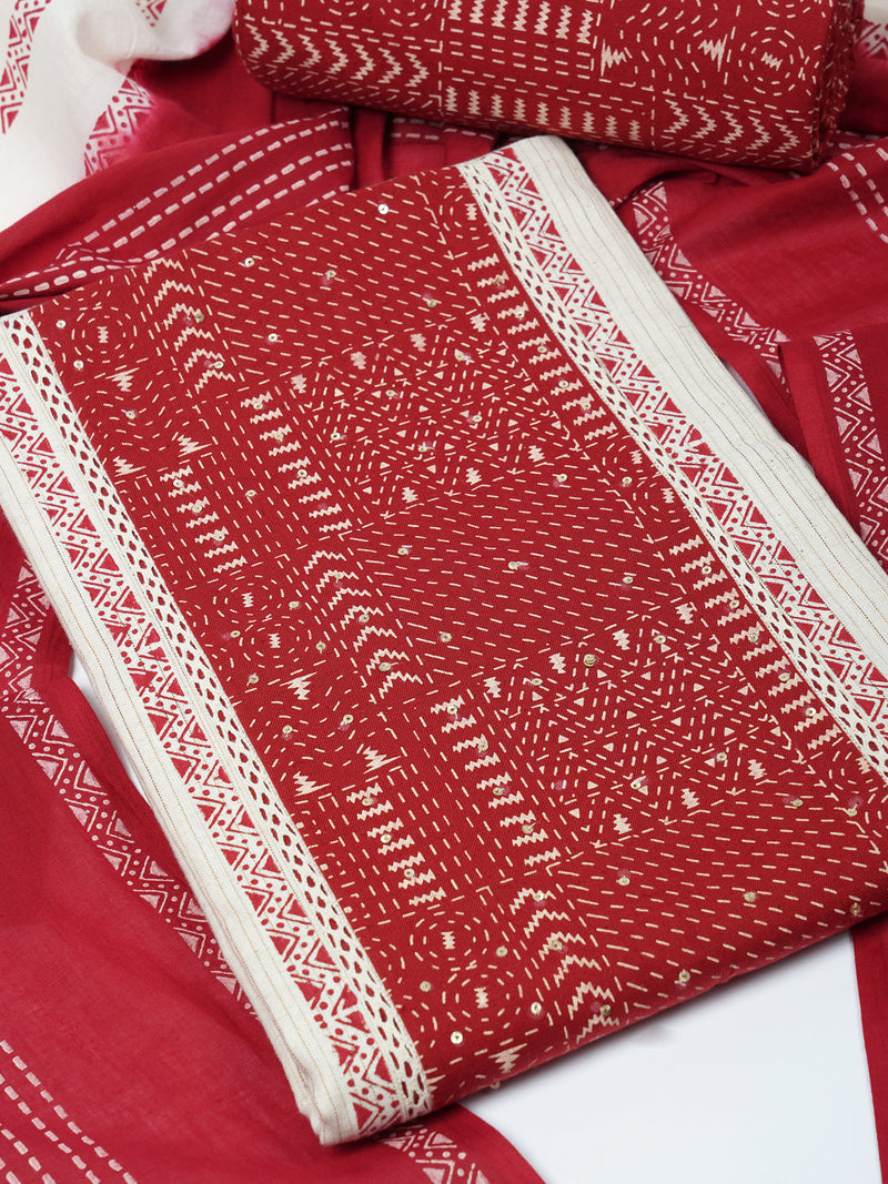 Cotton flex kantha stripe Unstitched suit set with printed bottom and dupatta.