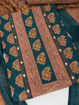 Unstitched printed suit set with traditional printed kota-doria dupatta and printed bottom.