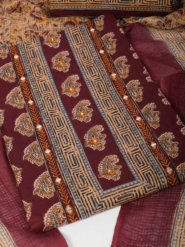 Unstitched printed suit set with traditional printed kota-doria dupatta and printed bottom.