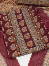 Unstitched printed suit set with traditional printed kota-doria dupatta and printed bottom.