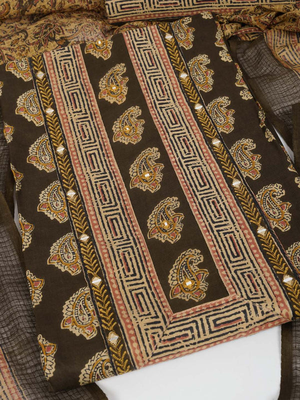 Unstitched printed suit set with traditional printed kota-doria dupatta and printed bottom.