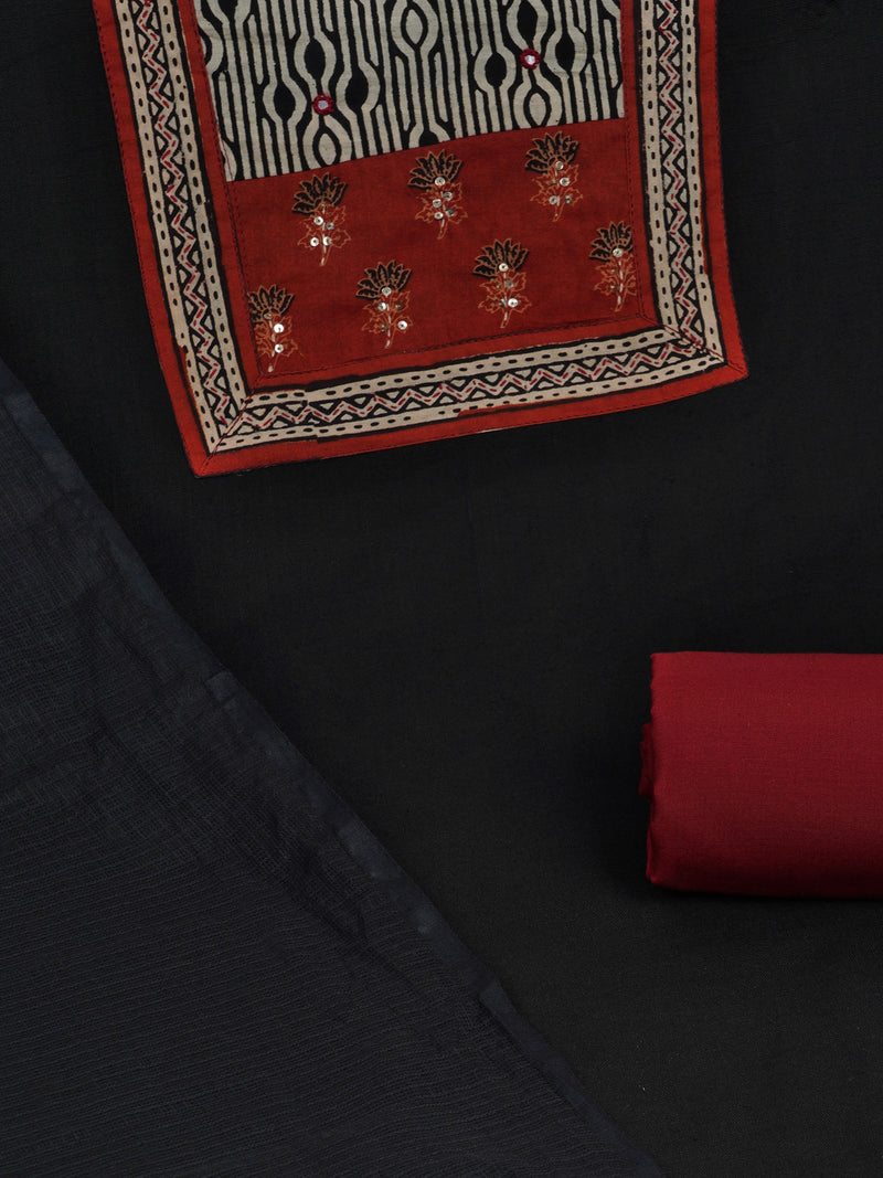 Black Unstitched cotton suit set with mix-match yoke and contrast color kota dupatta.