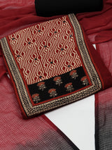 Maroon Unstitched cotton suit set with mix-match yoke and contrast color kota dupatta.