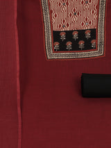 Maroon Unstitched cotton suit set with mix-match yoke and contrast color kota dupatta.