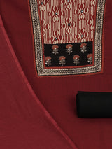 Maroon Unstitched cotton suit set with mix-match yoke and contrast color kota dupatta.