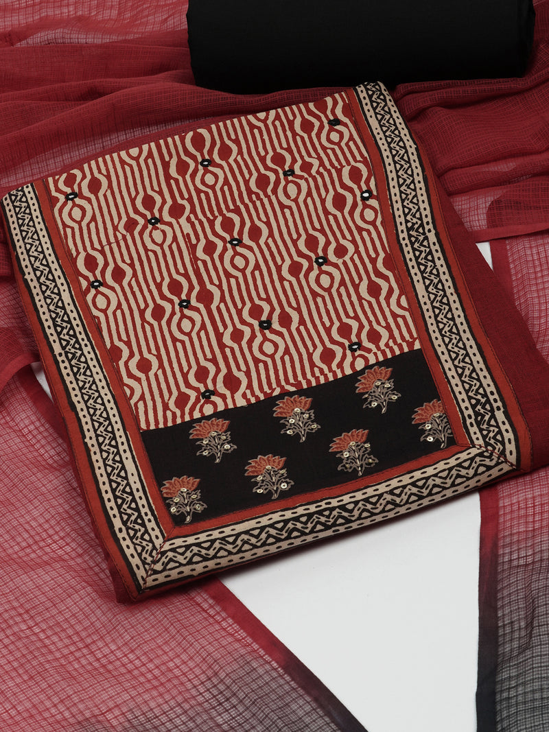 Maroon Unstitched cotton suit set with mix-match yoke and contrast color kota dupatta.