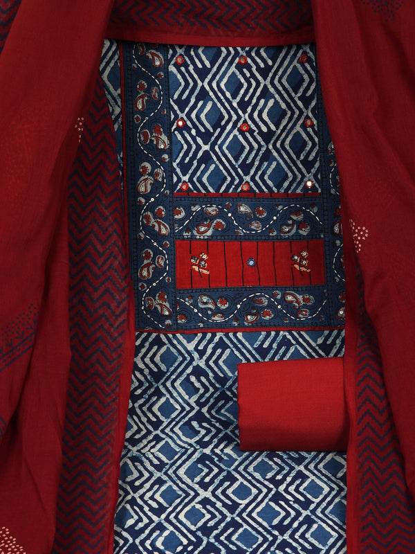 Unstitched dabu suit set with mix-match yoke and contrast color -block printed dupatta.