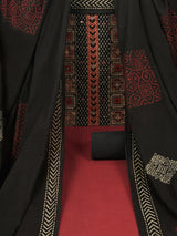 Maroon unstitched suit set with original ajrak print mix-match yoke and intricate detailed of handwork