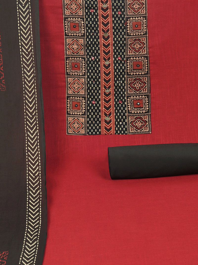 Maroon unstitched suit set with original ajrak print mix-match yoke and intricate detailed of handwork.