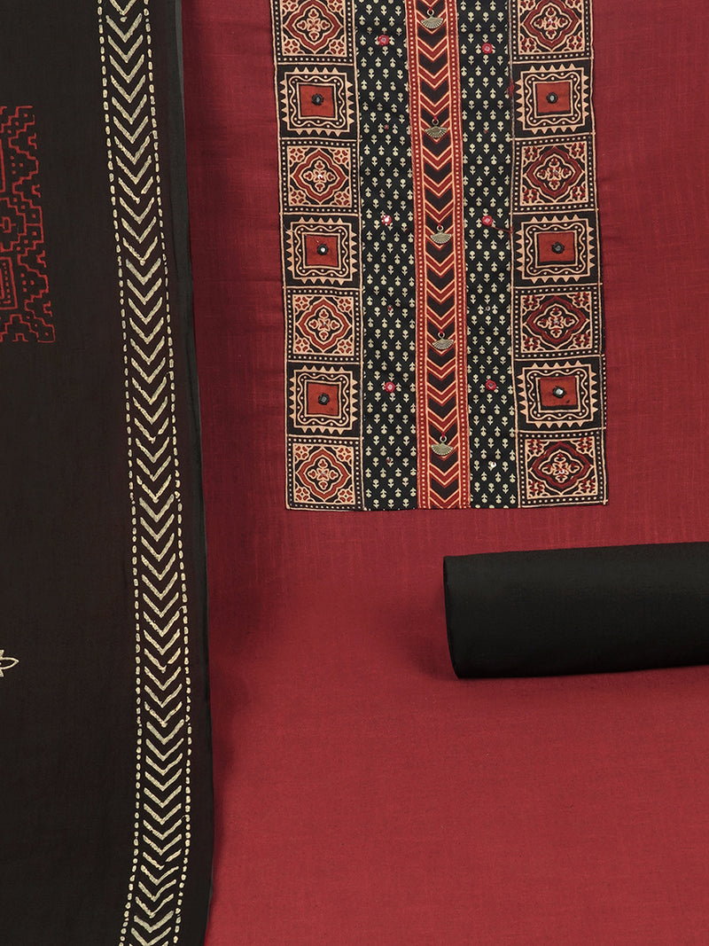 Maroon unstitched suit set with original ajrak print mix-match yoke and intricate detailed of handwork