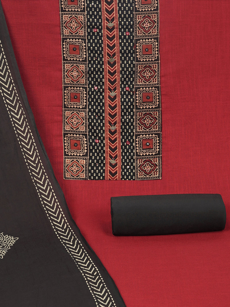 Maroon unstitched suit set with original ajrak print mix-match yoke and intricate detailed of handwork.