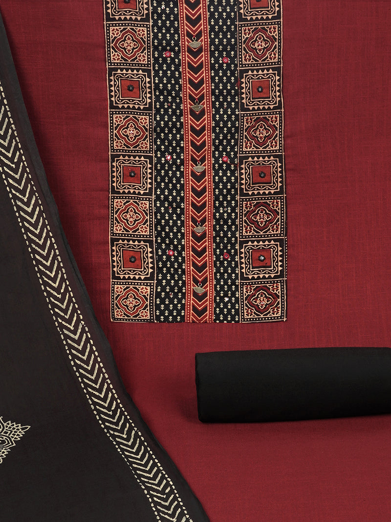 Maroon unstitched suit set with original ajrak print mix-match yoke and intricate detailed of handwork