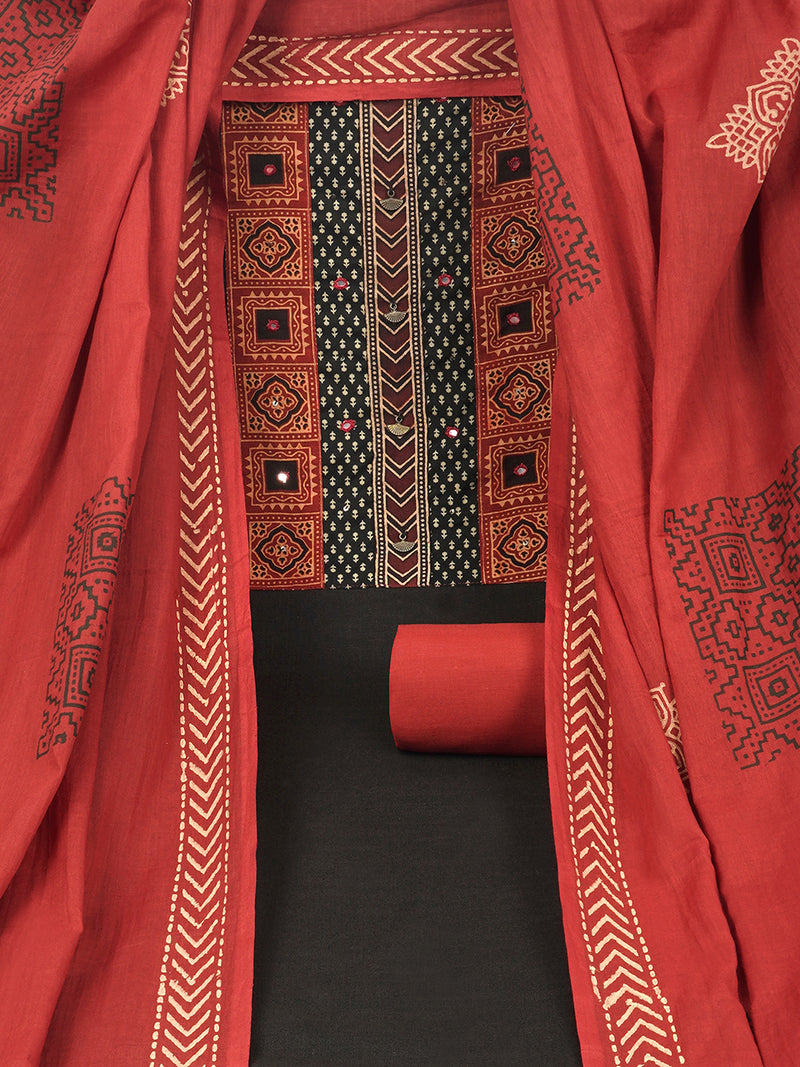 Black unstitched suit set with original ajrak print mix-match yoke and intricate detailed of handwork.