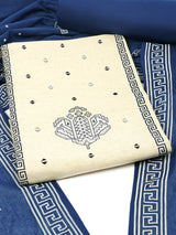 Unstitched suit set featuring block prints, complemented by a mul dupatta and bottoms.