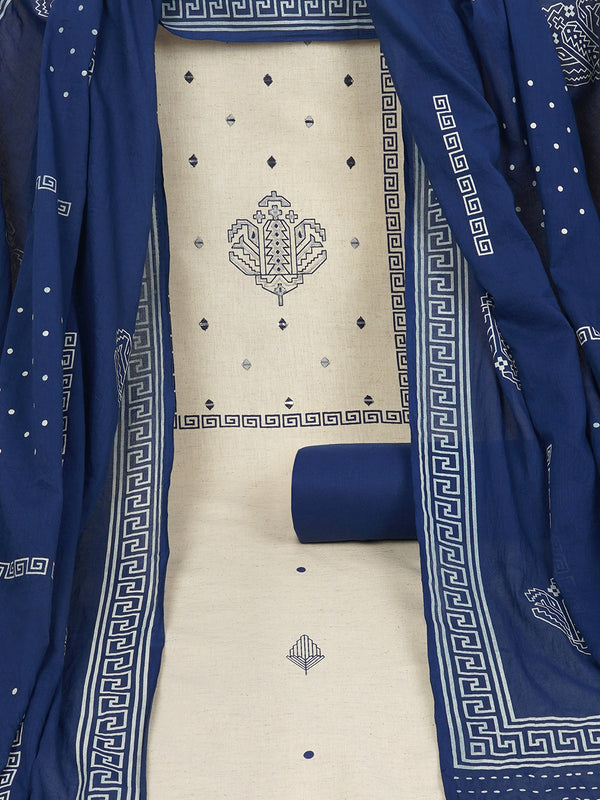 Unstitched suit set featuring block prints, complemented by a mul dupatta and bottoms.