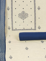 Unstitched suit set featuring block prints, complemented by a mul dupatta and bottoms.