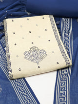 Unstitched suit set featuring block prints, complemented by a mul dupatta and bottoms.