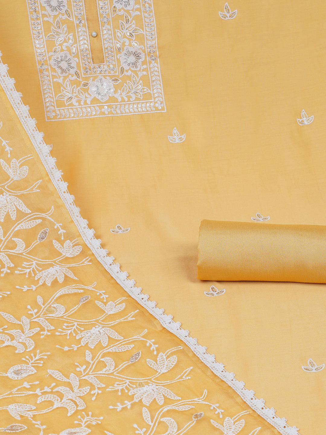 Party Edit- Unstitched suits set is elevated with delicate white thread embroidery and organza dupatta