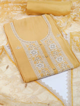 TASYA - Unstitched suits set is elevated with delicate white thread embroidery and organza dupatta.