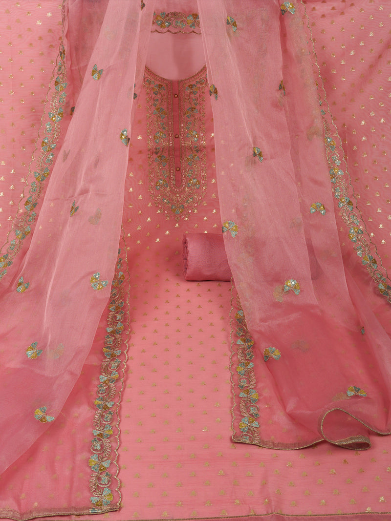 TASYA - The unstitched dobby chanderi suit set features colorful resham and golden dori embroidery.