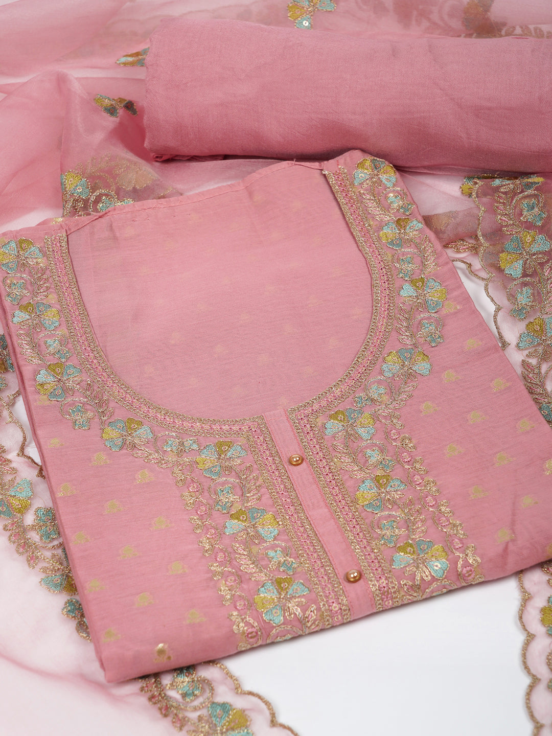 Party Edit- The unstitched dobby chanderi suit set features colourful resham and golden dori embroidery