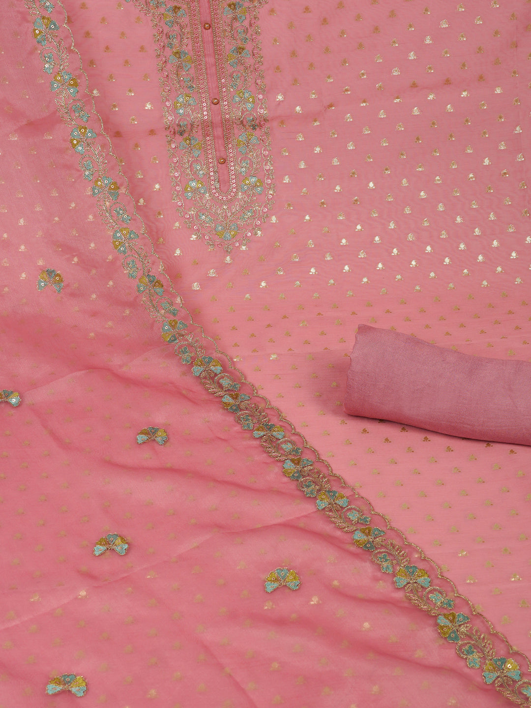 Party Edit- The unstitched dobby chanderi suit set features colourful resham and golden dori embroidery