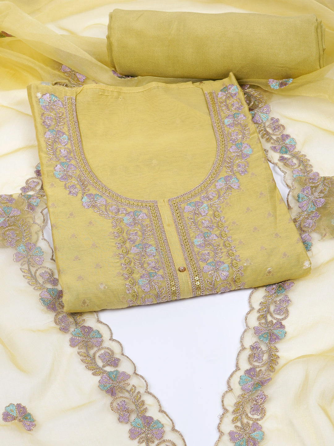 Party Edit- The unstitched dobby chanderi suit set features colourful resham and golden dori embroidery