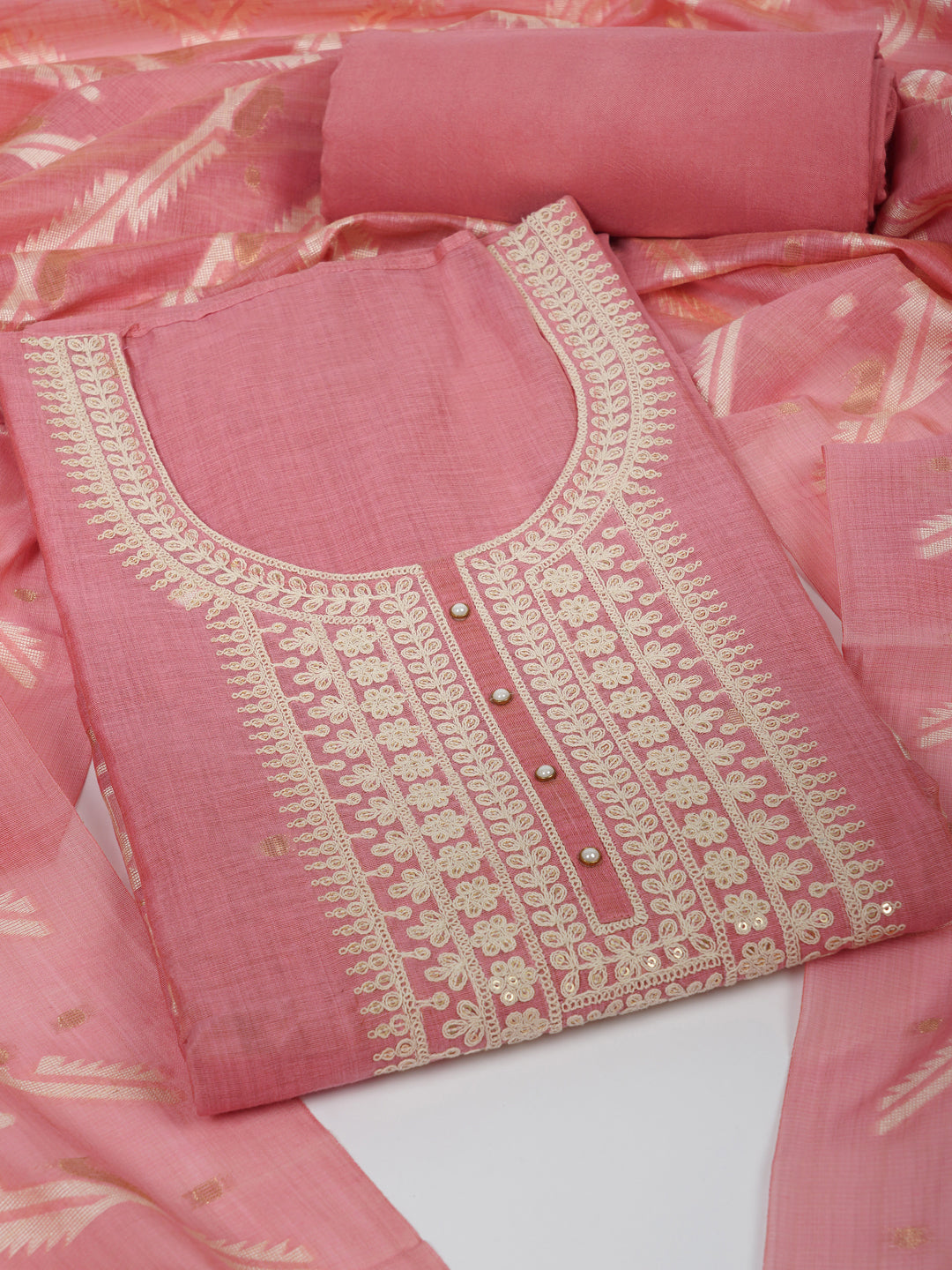 Party Edit- The chanderi suit set is embellished with dori embroidery & woven chanderi dupatta