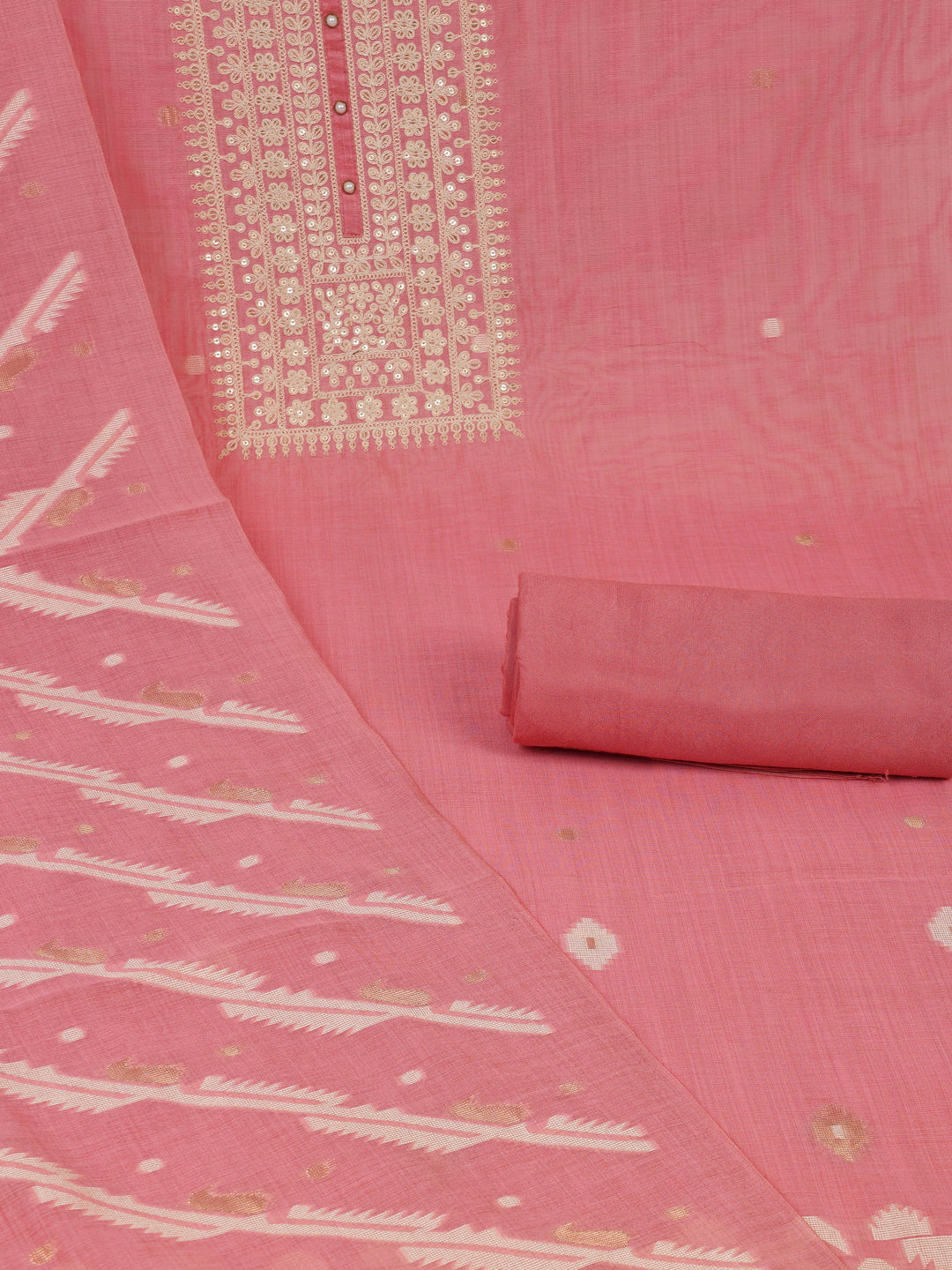 Party Edit- The chanderi suit set is embellished with dori embroidery & woven chanderi dupatta