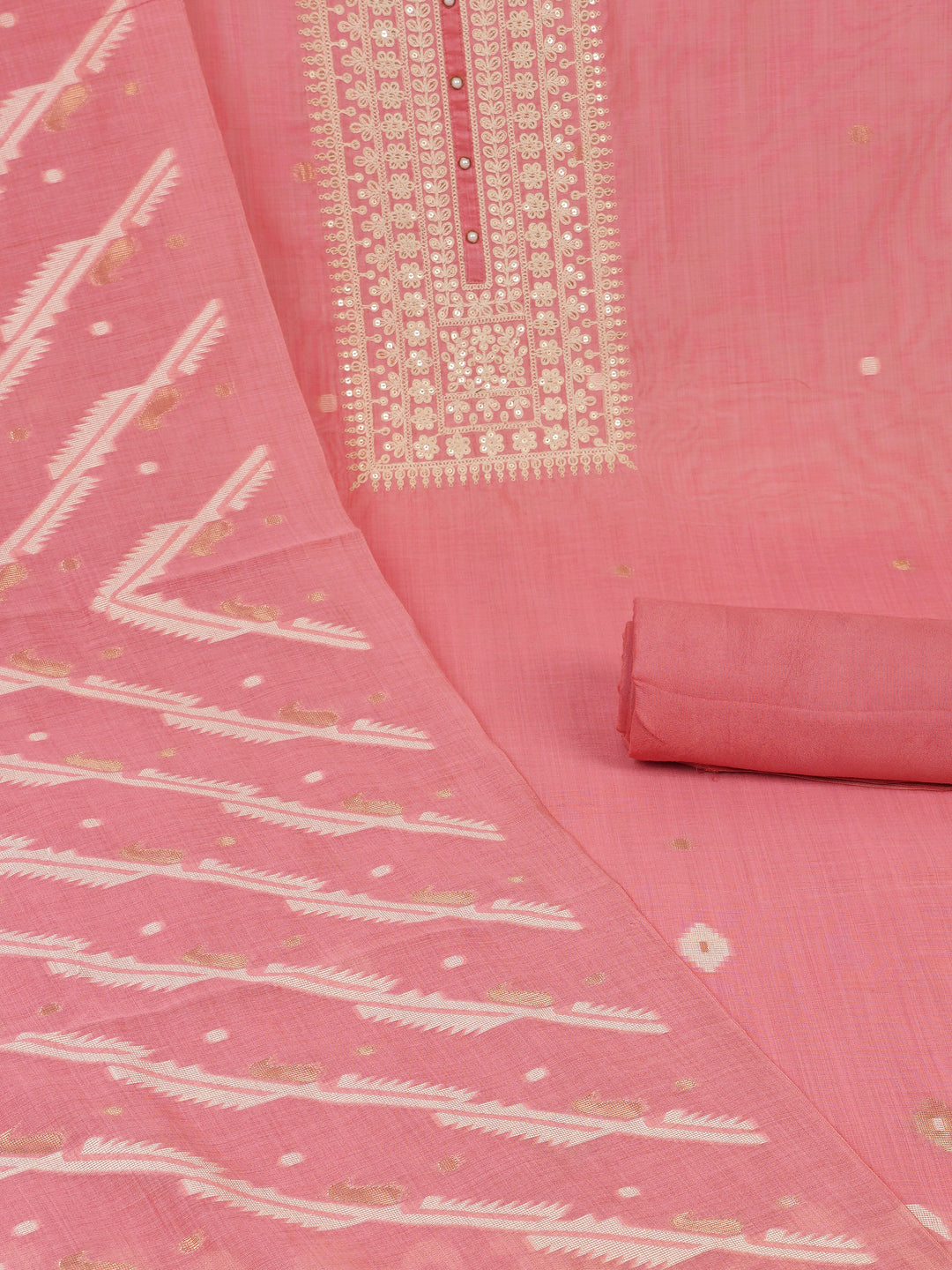 Party Edit- The chanderi suit set is embellished with dori embroidery & woven chanderi dupatta
