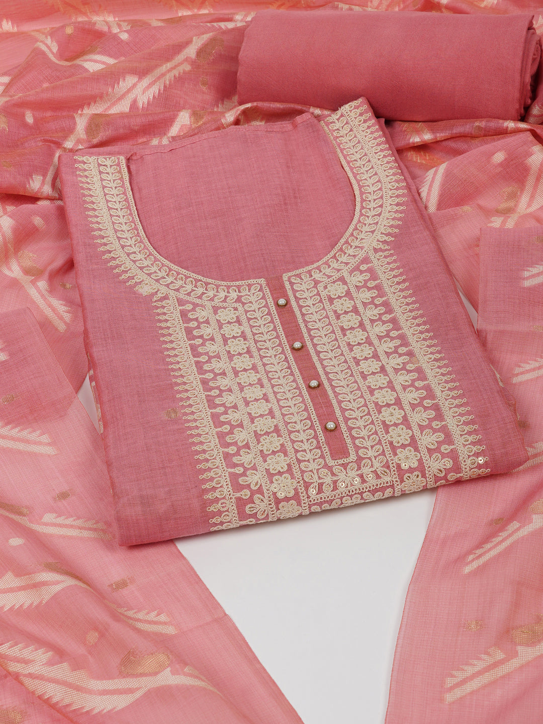 Party Edit- The chanderi suit set is embellished with dori embroidery & woven chanderi dupatta