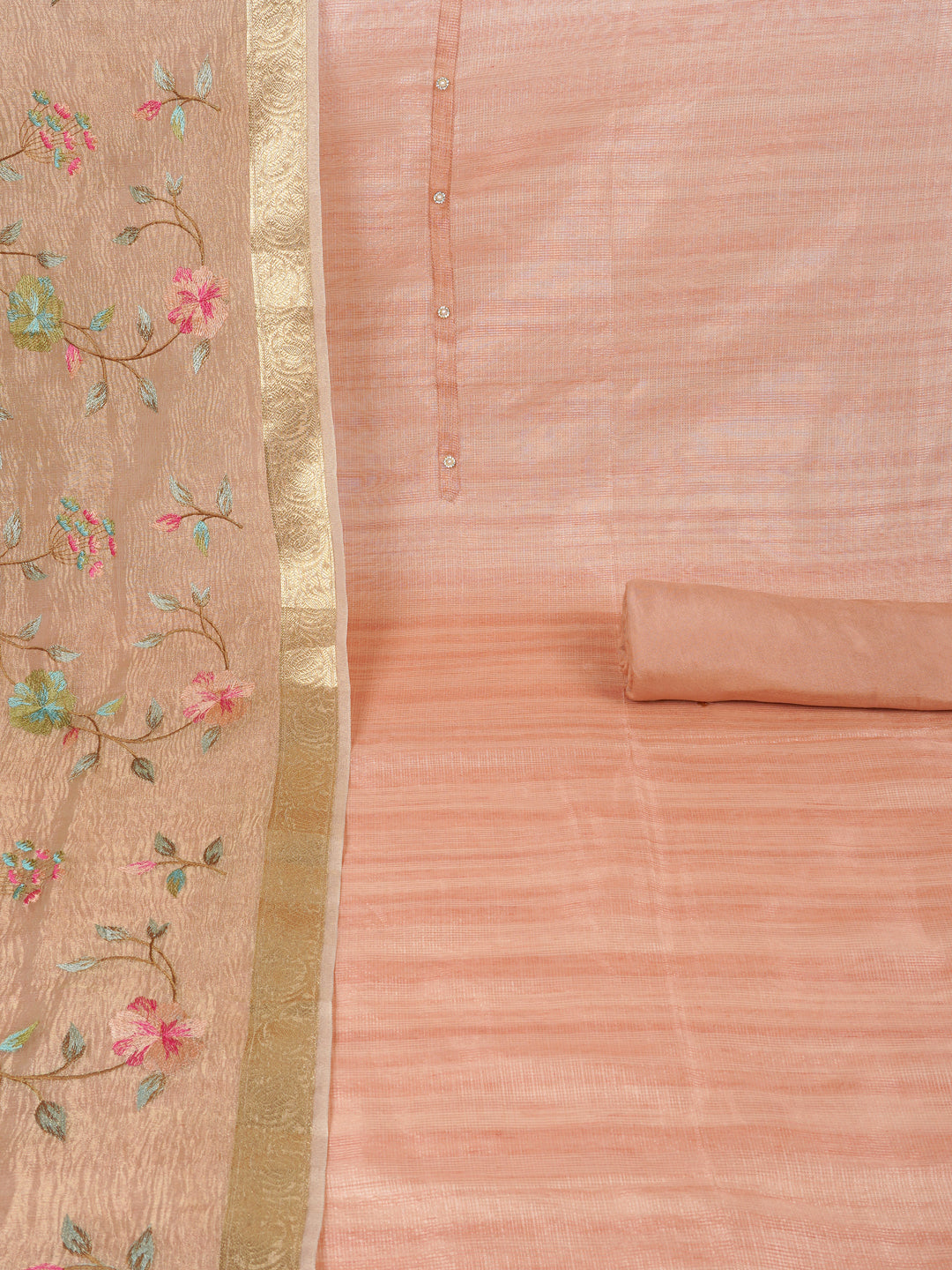 Party Edit- Kota doria unstitched suit set comes with an embroidered chanderi crushed dupatta