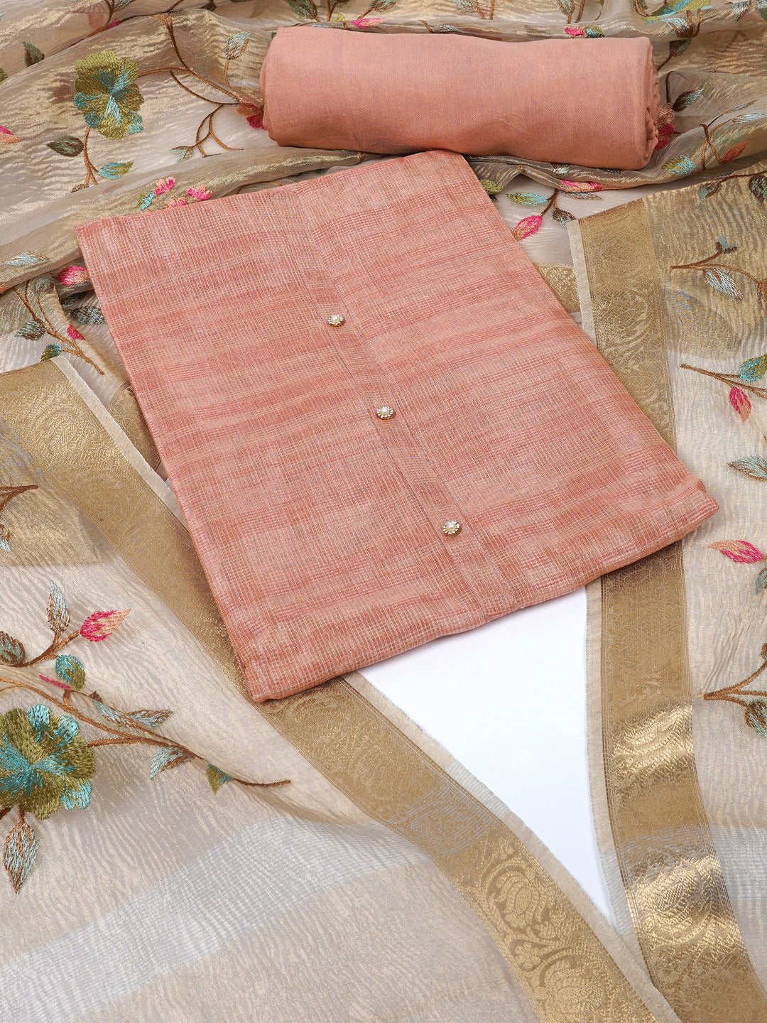 Party Edit- Kota doria unstitched suit set comes with an embroidered chanderi crushed dupatta