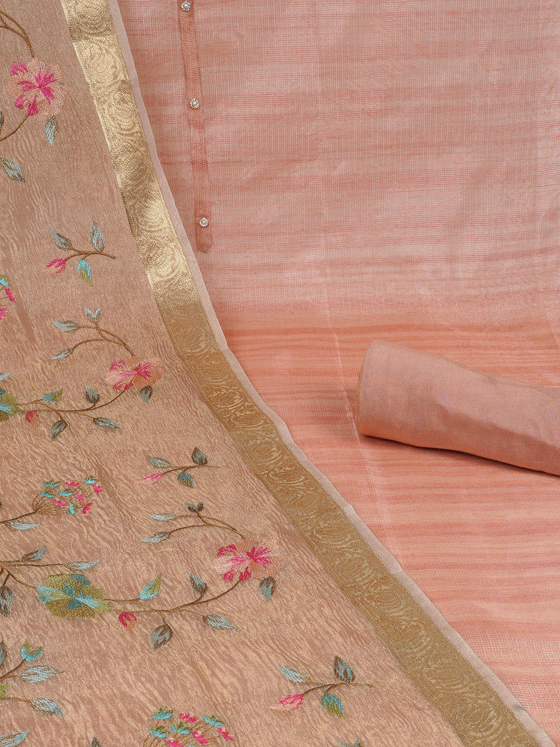 TASYA - Kota doria unstitched suit set comes with an embroidered chanderi crushed dupatta.