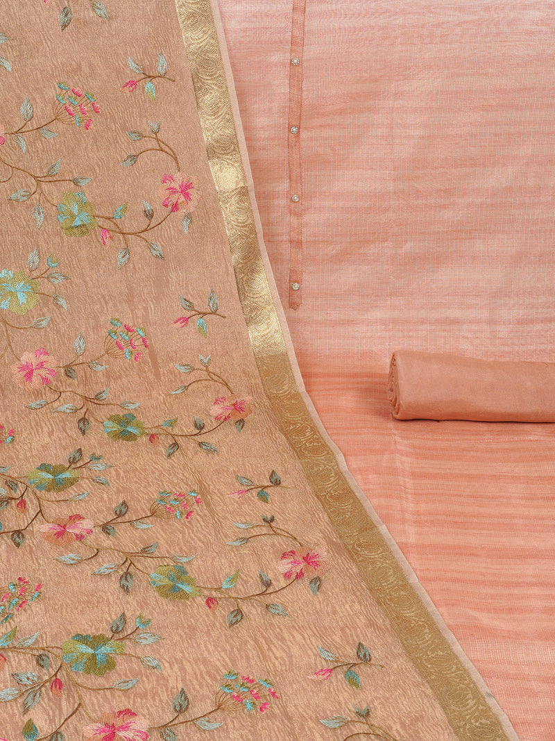 TASYA - Kota doria unstitched suit set comes with an embroidered chanderi crushed dupatta.