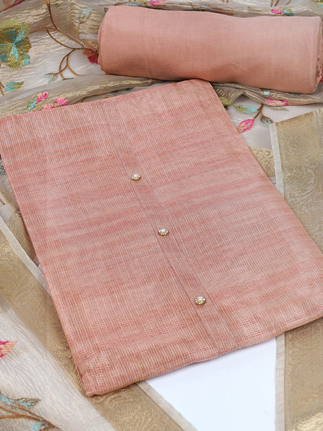 Party Edit- Kota doria unstitched suit set comes with an embroidered chanderi crushed dupatta