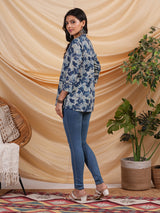 Flared printed cotton V neck top with lace detailing.