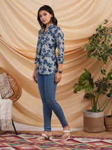 Flared printed cotton V neck top with lace detailing.