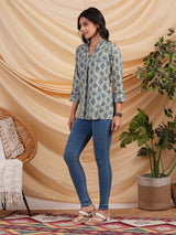 Flared printed cotton V neck top with lace detailing.