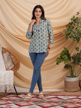 Flared printed cotton V neck top with lace detailing.