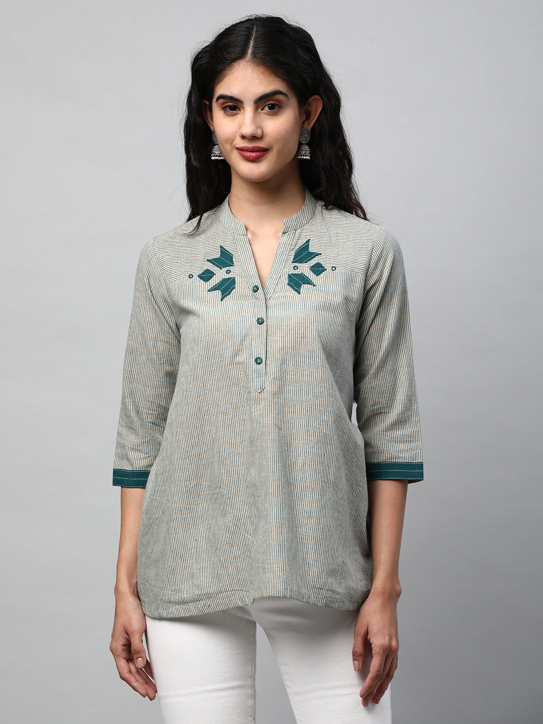A-line Top in cotton teal blue stripes with mirrorwork at neckline