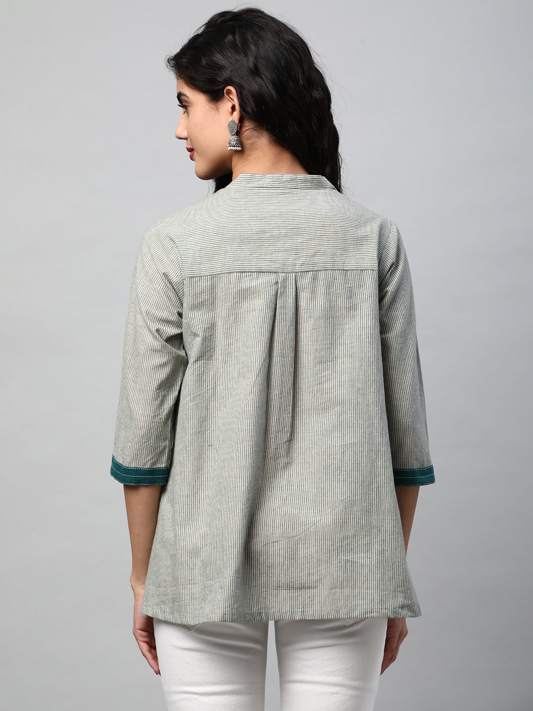 A-line Top in cotton teal blue stripes with mirrorwork at neckline